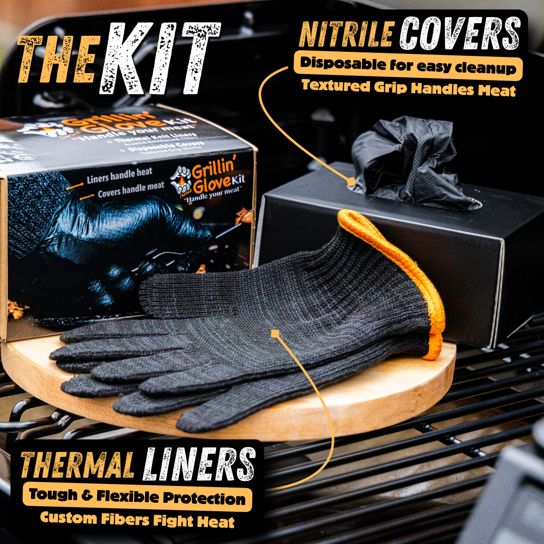 Charbasil Grilling Glove Kit retail package and glove components