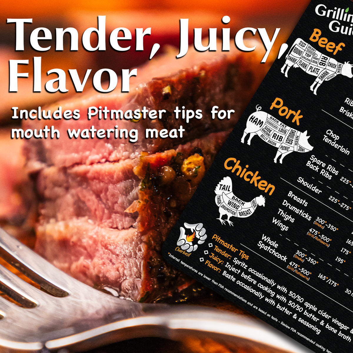 Sliced beef beside the Grillin' Guide magnet, which includes pitmaster tips for tender, juicy meat