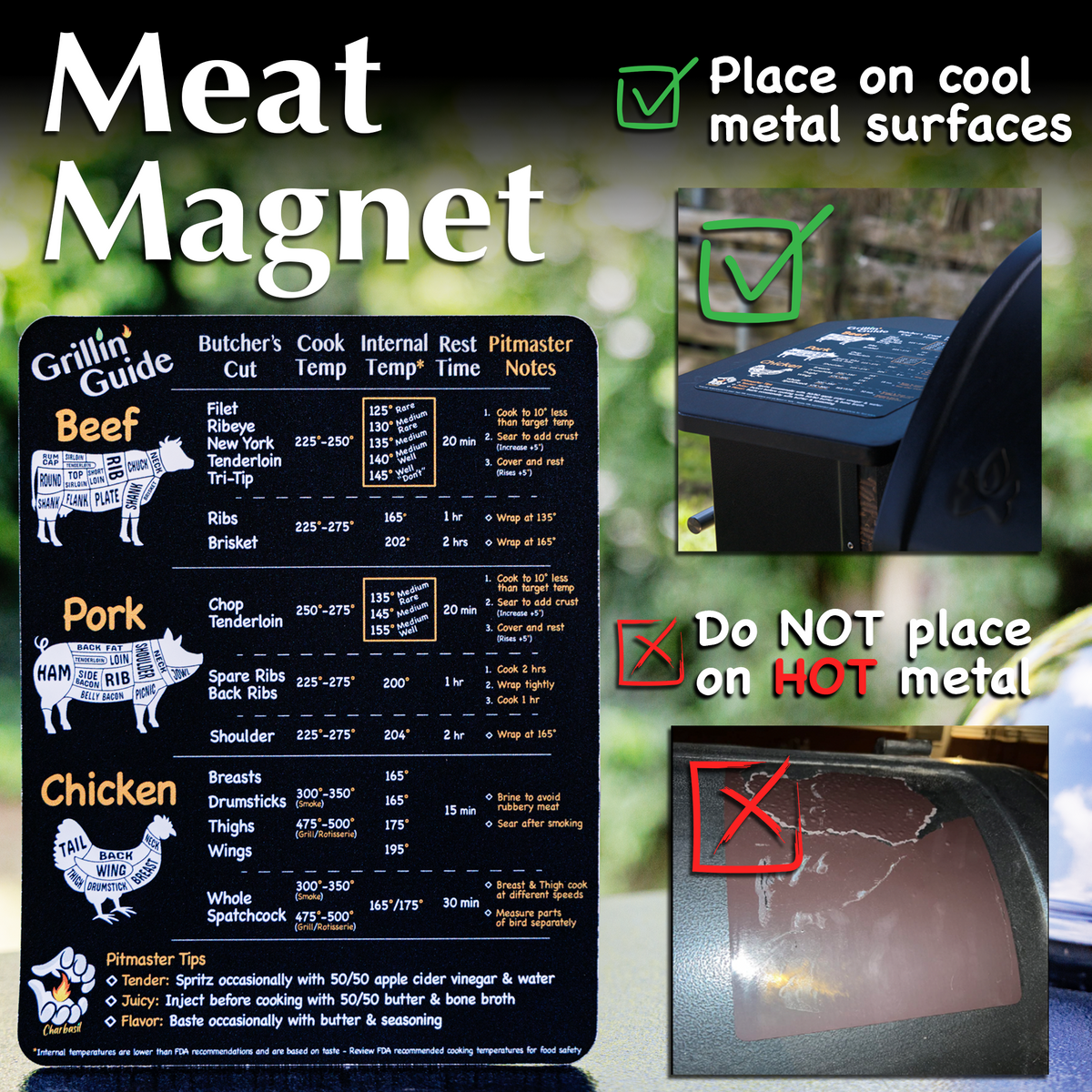 Placement guide for the meat magnet: place on cool metal surfaces, do not place on hot metal